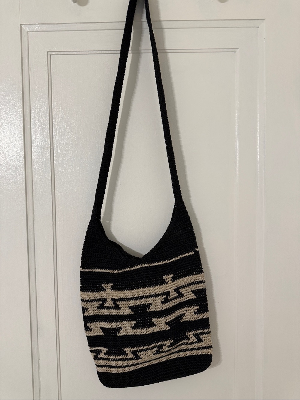 The Sak Handcrafted Black and Cream Crochet Shoulder Bag